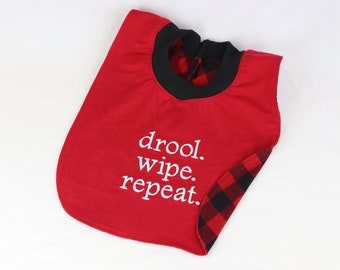 Dog Drool Bibs, Small to 3XL, Red, Personalize Option, Pullover/No Fasteners, Reversible Absorbent Cotton Flannel, Stretch Neck, Washable