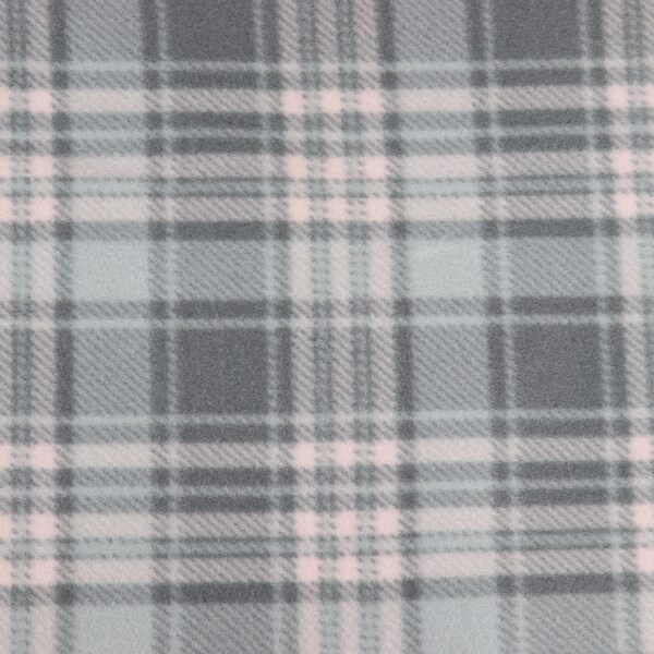 FABRIC PolarFleece, Gray LightPink Plaid, New/Unwashed, Continuous Cut, Sold in 1/4 yard increments, High Quality