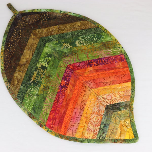 Table Topper Quilted Hand Dyed Batik, Fall Colors: Gold/Rust/Green/Brown, Leaf Design, Heat/Moisture Resistant, Placemat, Potholder, Loop