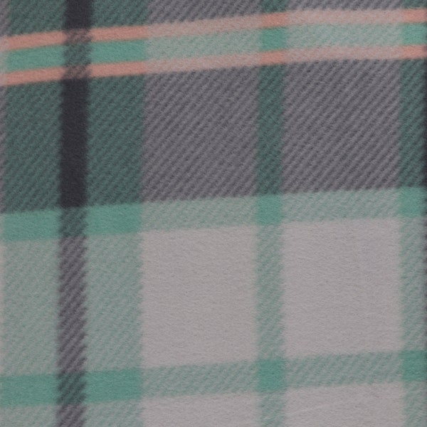 FABRIC PolarFleece, Mint/Gray/Coral Plaid, New/Unwashed, Continuous Cut, Sold in 1/4 yard increments, High Quality