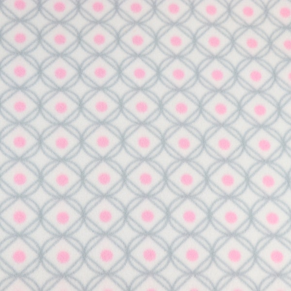 FABRIC PolarFleece, Pink/Gray Geo on White, New/Unwashed, Continuous Cut, Sold in 1/4 yard increments, High Quality
