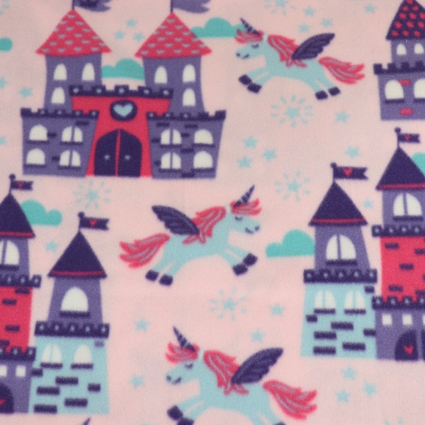 FABRIC PolarFleece, Unicorns Castles Pink, New/Unwashed, Continuous Cut, Sold in 1/4 yard increments, High Quality