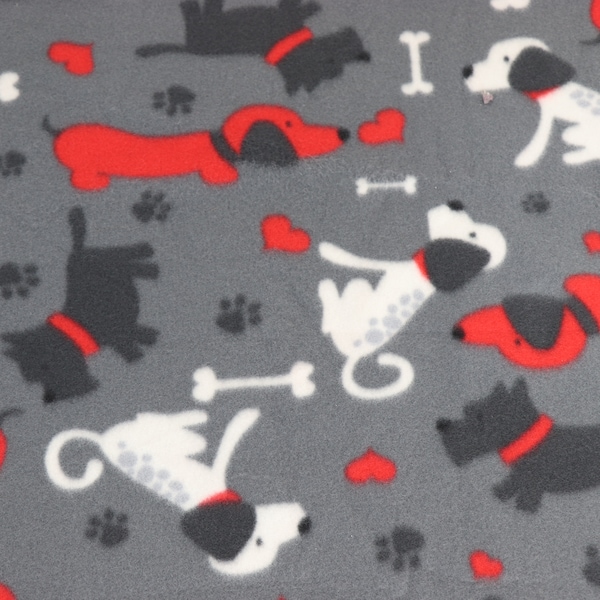 FABRIC PolarFleece, Dogs Red Gray, New/Unwashed, Continuous Cut, Sold in 1/4 yard increments, High Quality