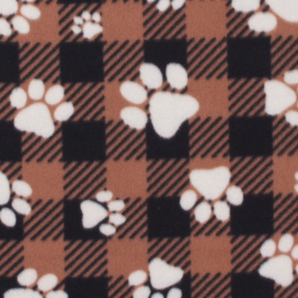 FABRIC PolarFleece, Paws on Brown/Black Check, New/Unwashed, Continuous Cut, Sold in 1/4 yard increments, High Quality