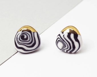 Marbled earrings. Ceramic gold earrings. Animal earrings. Stratum jewelry. Gift for her. Zebra earrings. Handcrafted earrings. Triangle post
