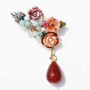 Rose brooch. Korea brooch. Agate brooch. Jade brooch. Stone brooch. Bridesmaid gift. Mama gift. Coral brooch. Natural stone. Grandma gift.