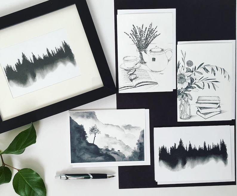Black and White Art Cards Botanical and Scenery Mix and Match Card Sets Personalized Cards Watercolor and Pen and Ink Drawings Mix an M