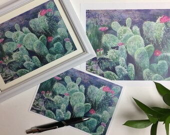 Pear Cactus Watercolor Art Card / Watercolor Caactus and Flowers / Watercolor Painting Print/ 4 Framable Art Cards / Gift Art Card Print/