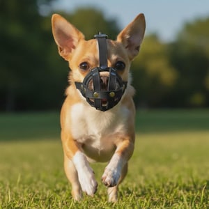 May include: A small tan and white dog wearing a black leather basket-style muzzle. The muzzle features a vertical nose strap, a circular cage design around the snout, and small metallic rivets securing the leather straps together.