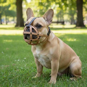 Puede incluir: Un bulldog francés de color canela lleva un bozal de cuero color canela con una correa negra. Está sentado sobre hierba verde, en un parque con árboles al fondo.