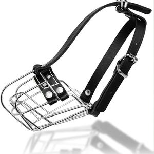 Könnte beinhalten: Eine schwarze Leder-Maulkorb mit einem Metallkäfig. Der Maulkorb hat einen Riemen, der um den Kopf des Hundes geht, und eine Schnalle zum Befestigen.