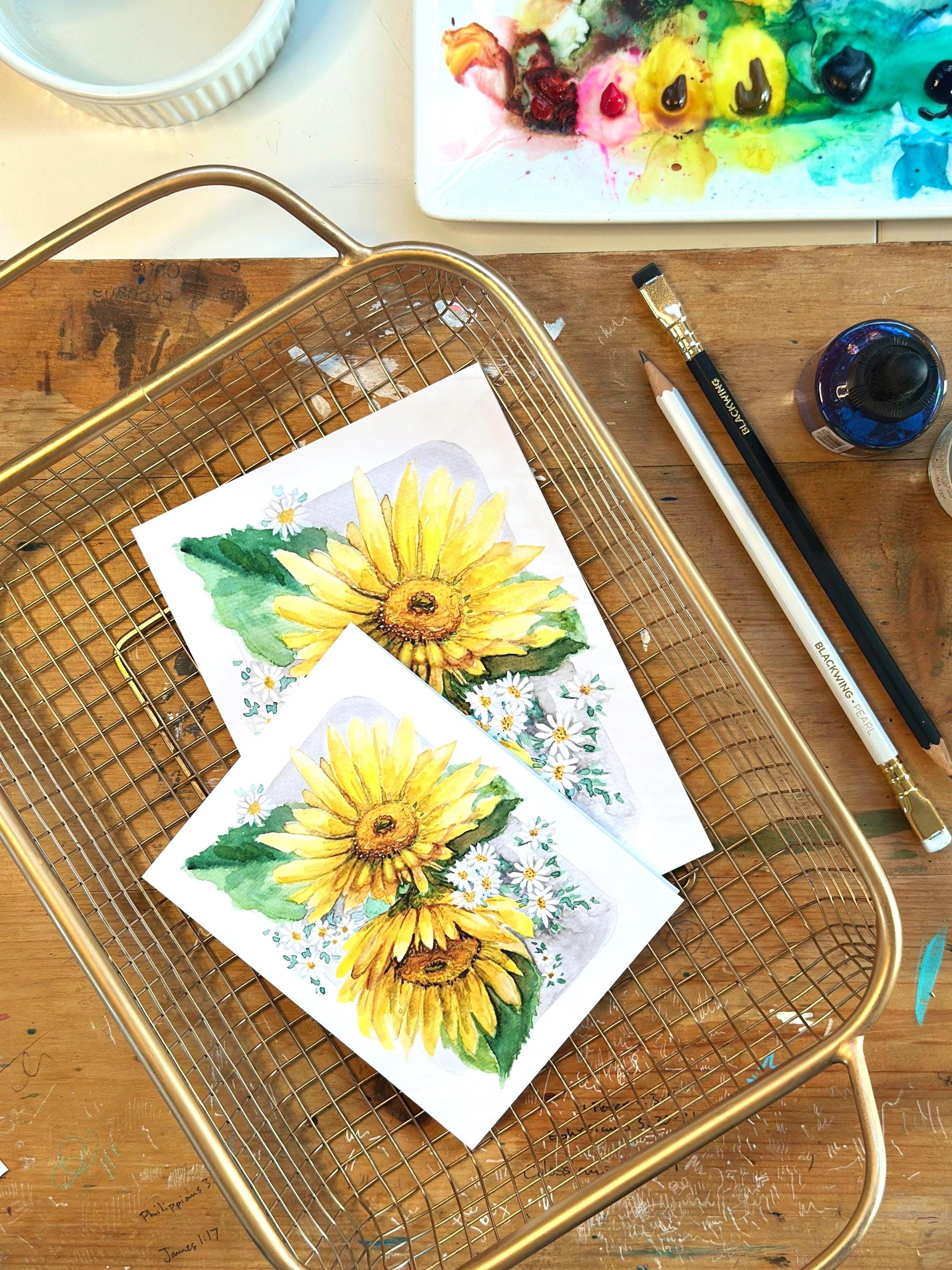 Sunflower Watercolor Card | Floral Botanical Stationery, Blank Inside ...