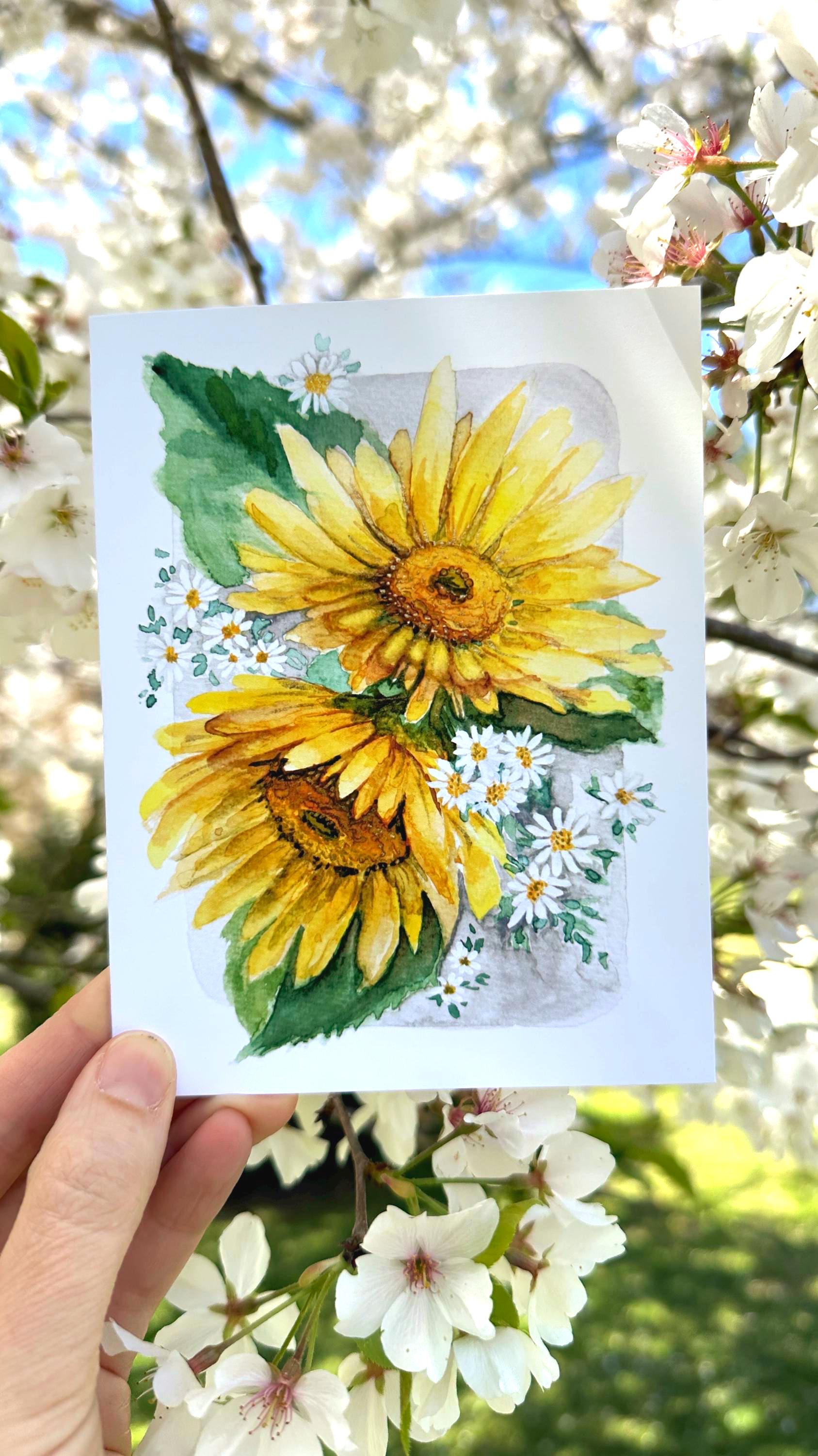 Sunflower Watercolor Card | Floral Botanical Stationery, Blank Inside ...