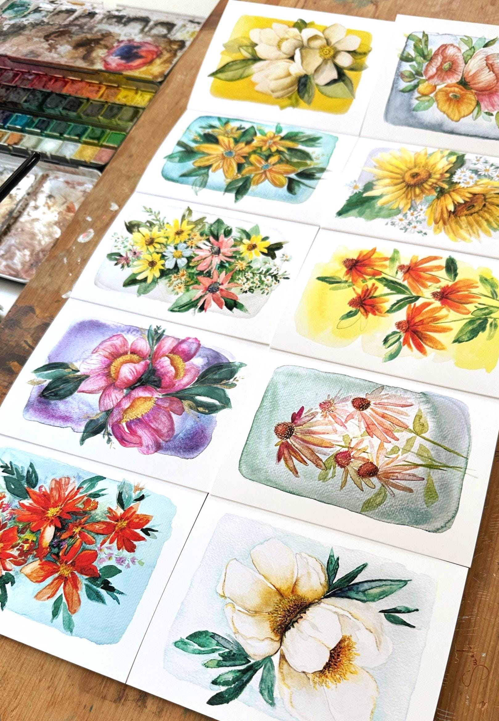 Watercolor Floral Card Set | Sunflower, Peony, Magnolia, Blank Note (10 ...