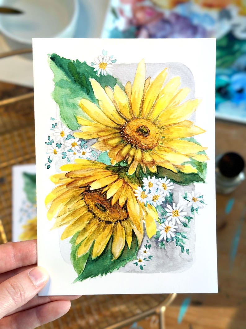 Sunflower Watercolor Card | Floral Botanical Stationery, Blank Inside ...