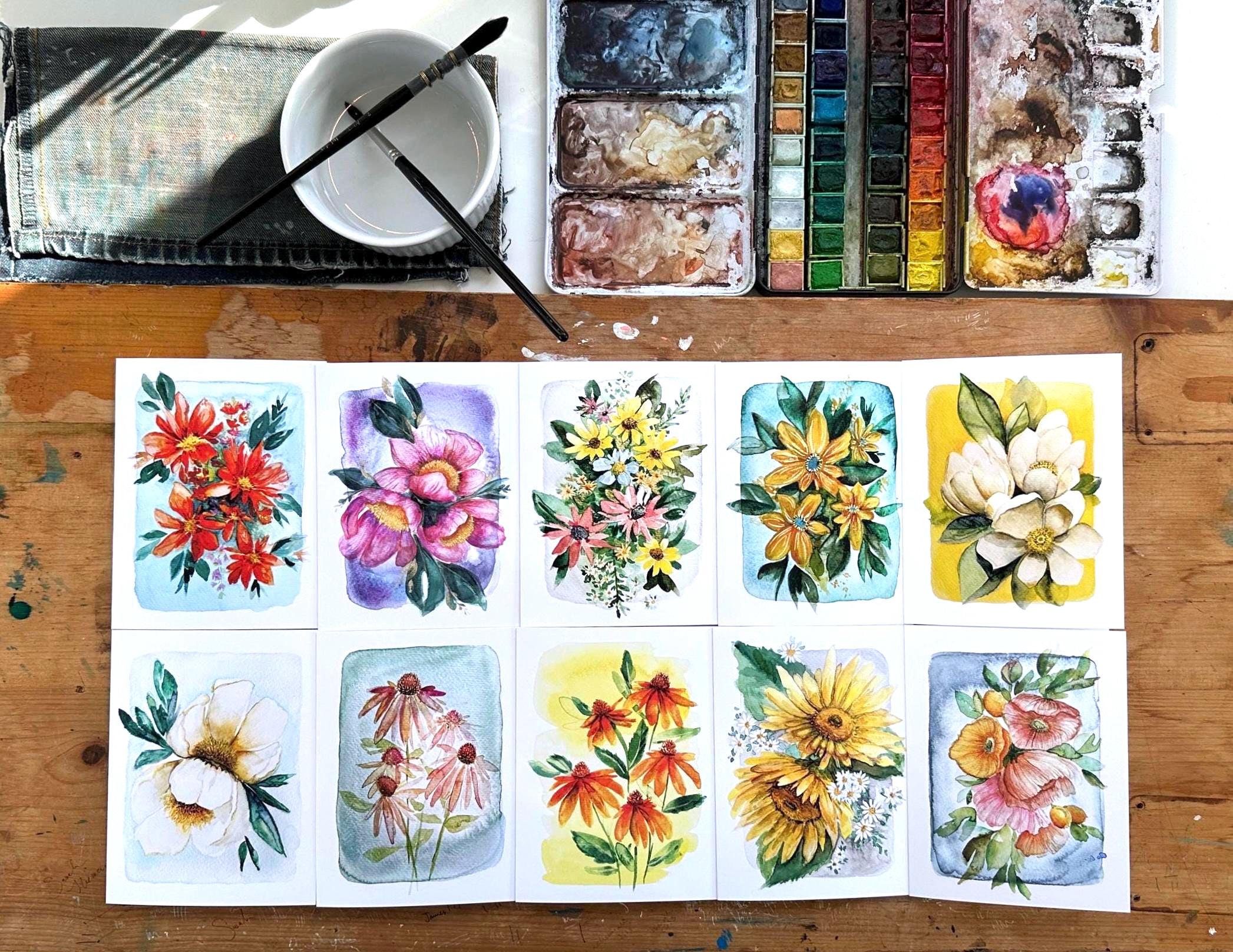 Watercolor Floral Card Set | Sunflower, Peony, Magnolia, Blank Note (10 ...