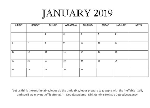 Printable Minimalist 2019 Calendar with Science Fiction Quotes | Etsy
