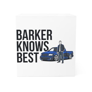 May include: A white square block featuring the black text BARKER KNOWS BEST on the left side. To the right, a graphic illustration shows a person standing next to a blue pickup truck with dark grey accents and silver wheels on a white background.