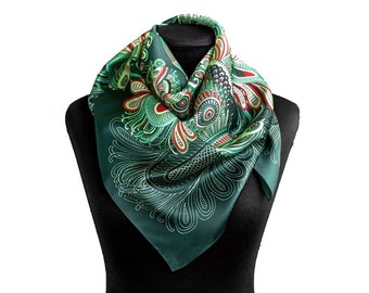 Ukrainian Natural Silk Scarf with ethnic ornament, Square green shawl made of 100% pure silk, 35.5x35.5 in. (90x90 cm)