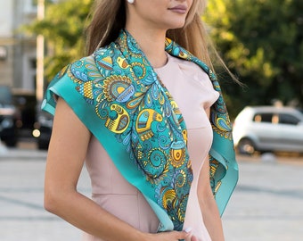 Ukrainian Natural Silk Scarf with ethnic ornament, Square turquoise green shawl made of 100% pure silk,  35.5x35.5 in. (90x90 cm)