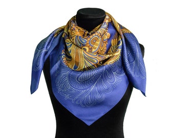 Ukrainian Natural Silk Scarf with ethnic ornament, Square blue and yellow shawl made of 100% pure silk "Svarga" 35.5x35.5 in. (90x90 cm)