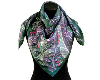 Ukrainian Natural Silk Scarf with ethnic ornament, Square green shawl made of 100% pure silk, 35.5x35.5 in. (90x90 cm)