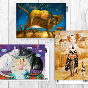 Set di 3 cartoline con gatti Cartoline artistiche postcrossing, cartoline romantiche e carine, cartoline di artisti ucraini