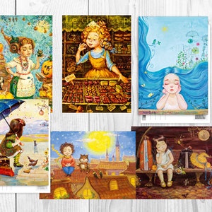Postcard set of 6 postcrossing art post cards, cute birthday post card, Romantic paper cards, funny postcard