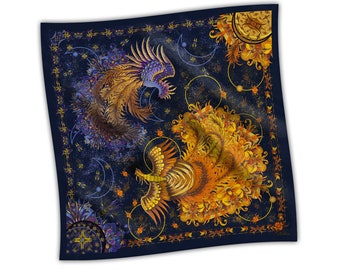 Ukrainian Natural Silk Scarf with birds ornament, Square Navy blue, 100% pure silk, 35.5x35.5 in. (90x90 cm)