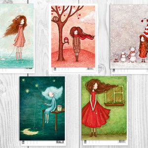 Postkarten-Set mit 5 postcross Kunstpostkarten, romantische Papierpostkarten mit niedlichen Mädchen
