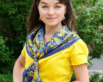 Ukrainian Natural Silk Scarf with ethnic ornament, Square blue and yellow shawl made of 100% pure silk,  35.5x35.5 in. (90x90 cm)