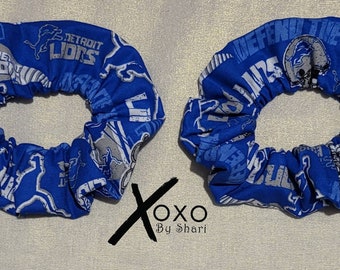 BOGO Detroit LIONS inspired Hair Scrunchies Scrunchie Tie elastic headband bun ponytail holder Blue Football Defend the Den Be the Roar