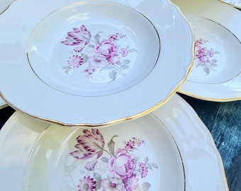 Set Of 12 Extremely Pretty Antique French Vintage Pink Floral Dishes With Gilt Trim