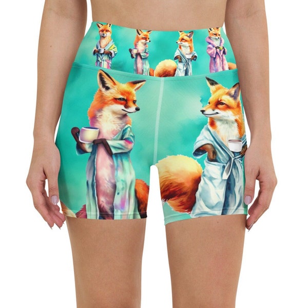 Adorable Anthropomorphic Watercolor Foxes Wearing Robes Drinking Coffee High Waist Hand Sewn Yoga Shorts, Fox Yoga Shorts, Unique Yoga Wear