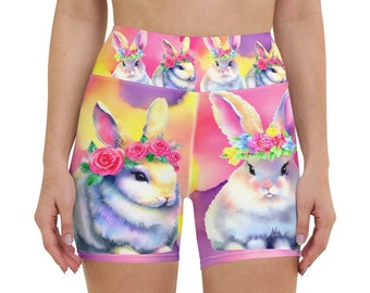 Adorables lapins aquarelles colorés avec couronnes de fleurs Short de yoga taille haute cousu main, Short de yoga lapin, Short de yoga lapin