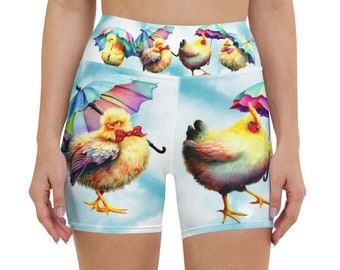 Adorable Colorful Watercolor Chicks With Umbrellas Yoga Shorts, High Waist Hand Sewn Women's Yoga Shorts, Chicken Yoga Shorts, Gym Shorts