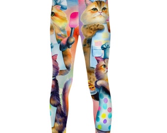 Colorful Watercolor Adorable Baker Cats Hand Sewn Kid's Leggings, Fun Kid's Leggings, Kids Cat Leggings, Kids Yoga Pants, Cute Kids Leggings