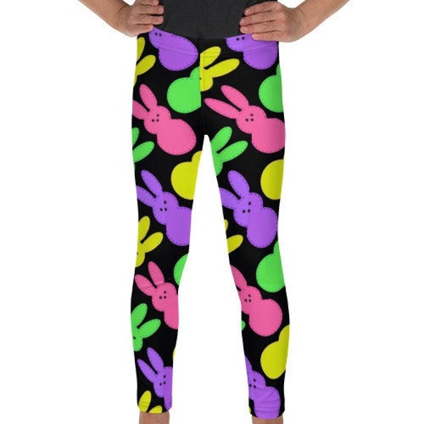 Colorful Bunny Peeps Black Kid's Leggings, Hand Sewn Kids Leggings, Kids Peeps Leggings, Kids Bunny Leggings, Kids Easter Leggings