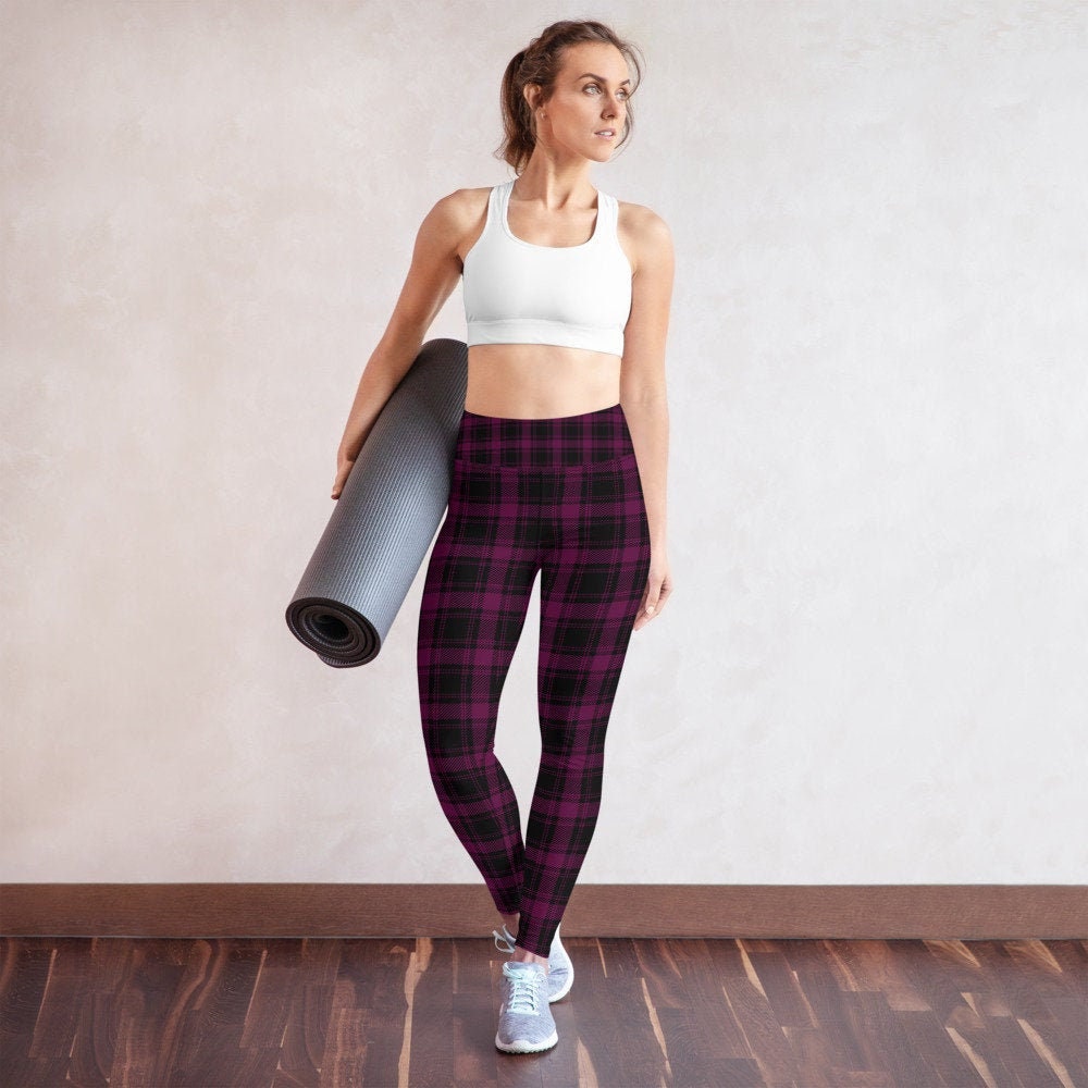 Black Plaid Yoga Leggings High Waist 