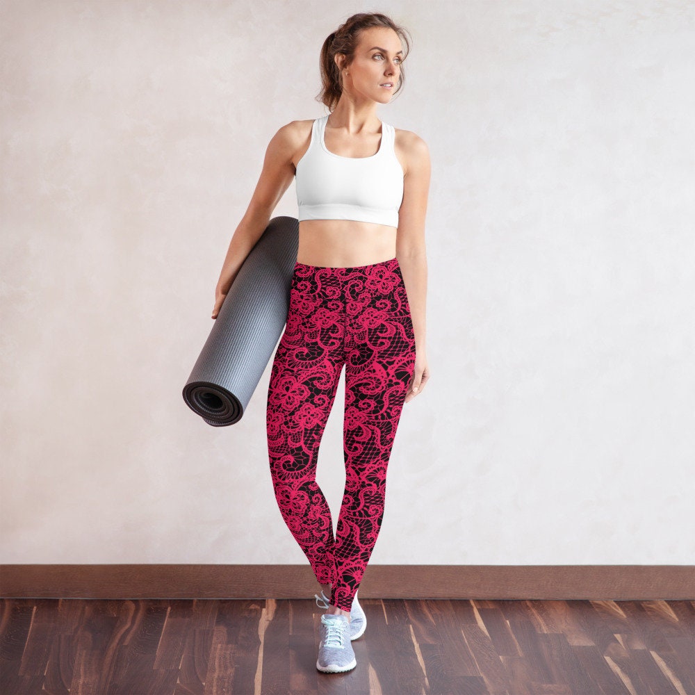 Hot Pink Paisley Lace Print Black Yoga 