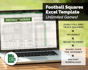 Football Squares Excel Template (Unlimited Games) - Football Pool Excel Spreadsheet - 100 Squares With Player List - Any Football Game!