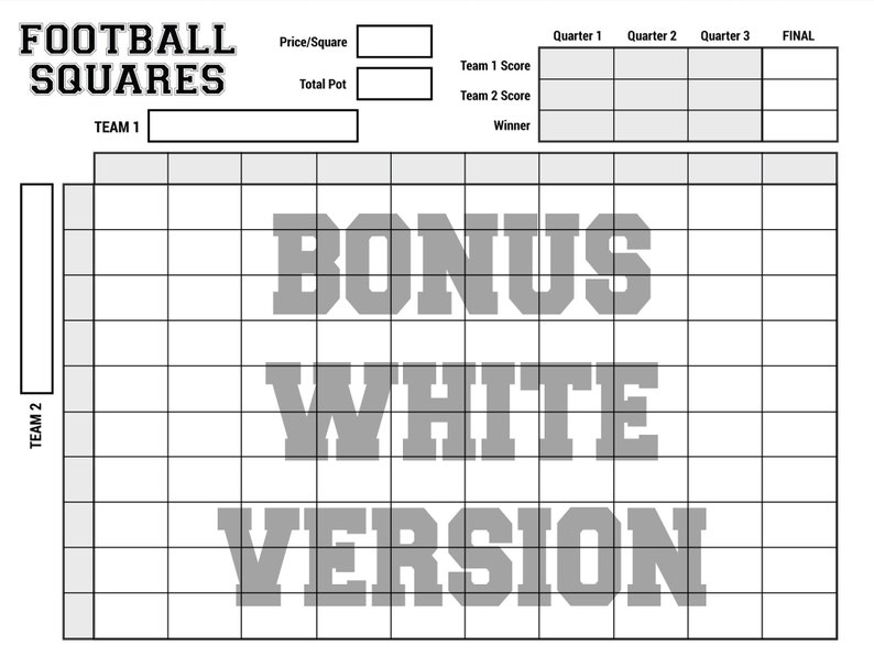 4quarter Football Squares Download & Print ANY Football Game 11x8.5