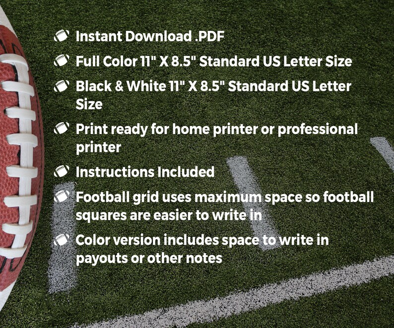 Printable Football Squares 4 Quarter Payouts 11x8.5 Download & Print Includes Black/white