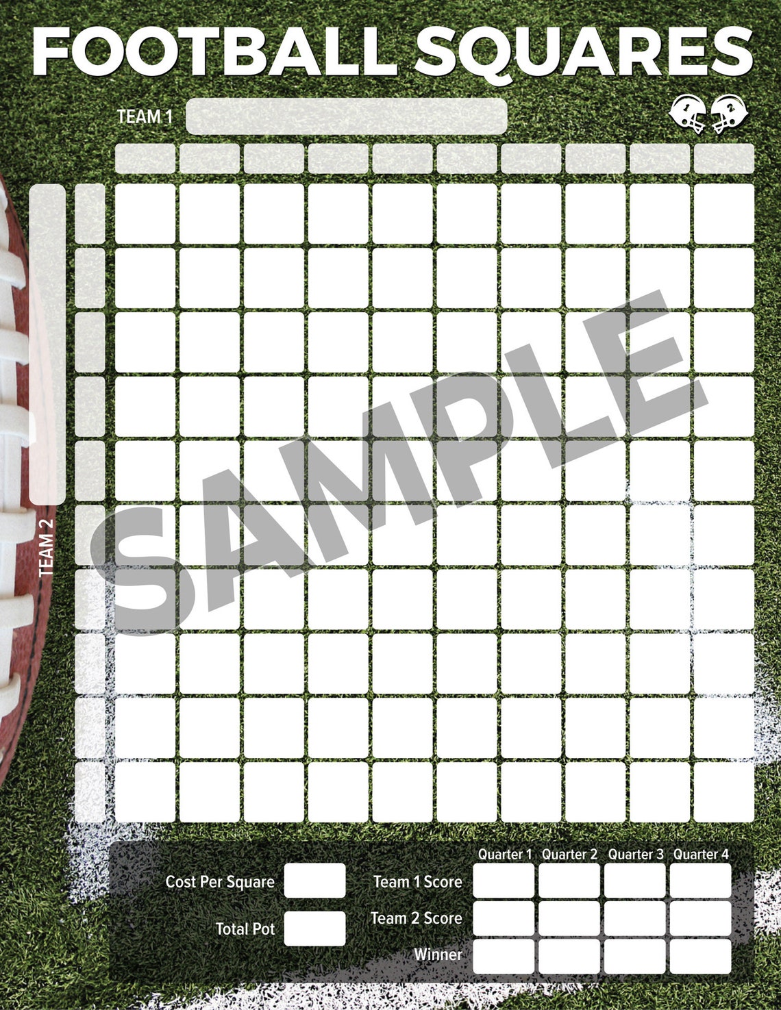 Printable Football Squares 4 Quarter Payouts 8.5x11 Download & Print Includes Black/white