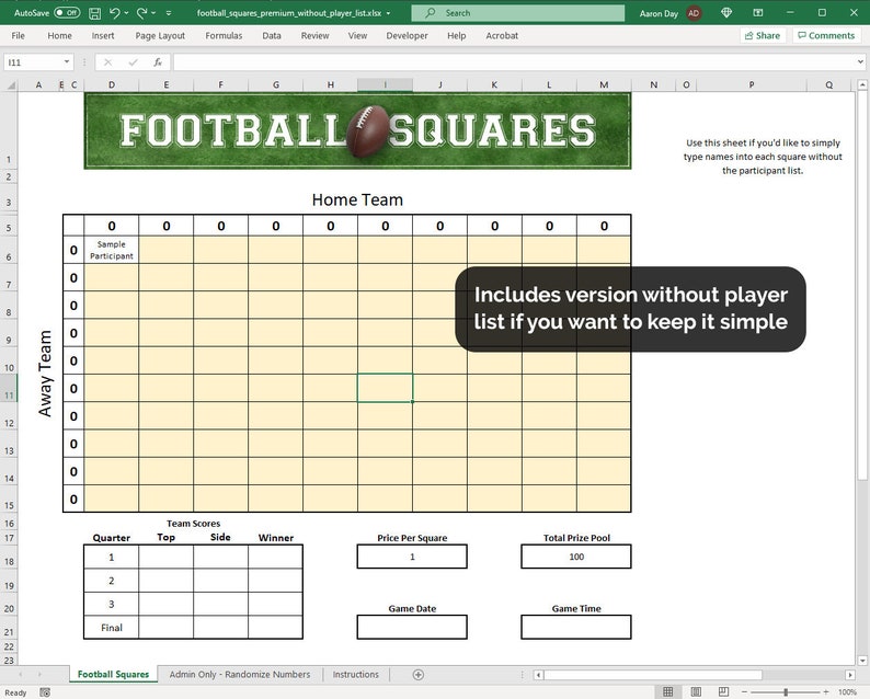 Football Squares Excel Template unlimited Games Football Pool Excel Football Squares Excel Template unlimited Games Football Pool Excel