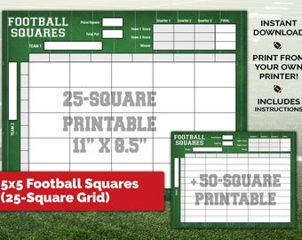 5x5 Football Squares (25 Squares) - Download & Print - ANY Football Game - 11x8.5" - PRINTABLE Football Grid - Includes 10x5 board too!