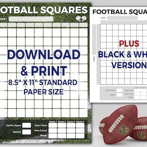 Printable Football Squares - 4 Quarter Payouts - 8.5X11&quot; Download & Print - Includes Black/White | Football  Pool | Super Bowl Squares Game
