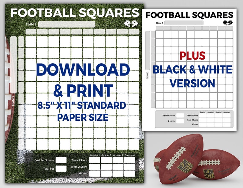 Printable Football Squares 4 Quarter Payouts 8.5x11 Download & Print Includes Black/white