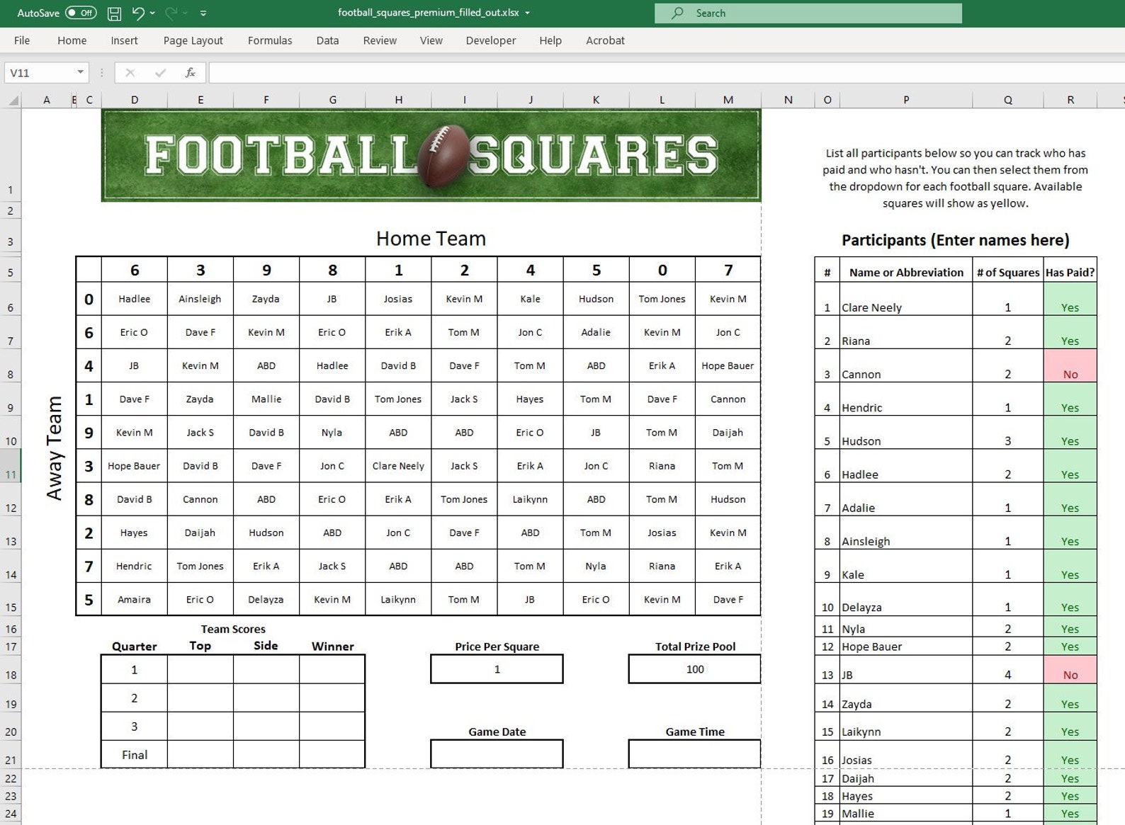 Football Squares Template Excel Free