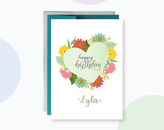 Personalized Birthday card for Her, Heart Flower Wreath Birthday Card, Colorful Flowers Birthday Card, Birthday Card For Mom
